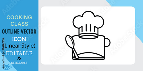 A line art icon depicting a chefs hat atop a cooking pot with a spoon, representing cooking classes or culinary themes. Simple, editable vector graphic.