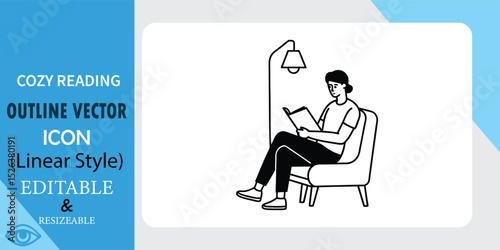 Cozy Reading Person Outline Vector Icon Linear Style Editable Resizable