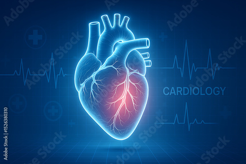Human Heart Anatomy, Glowing Blue Organ, Medical Cardiology, Healthcare Innovation, Digital Electrocardiogram, Futuristic Biotechnology, Cardiovascular Science