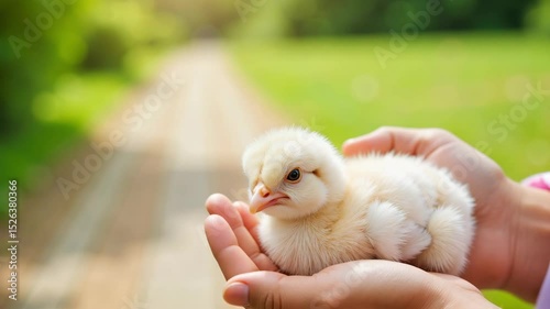 Young chick resting in hands under soft sunlight in green garden  