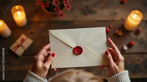 Woman holding sealed love letter with red wax seal surrounded by candles  