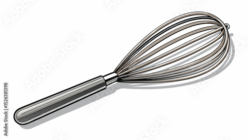 A stainless steel whisk with a polished handle rests elegantly on a white background. Its looped wires catch subtle shadows, perfect for baking or culinary-themed vector illustrations.

