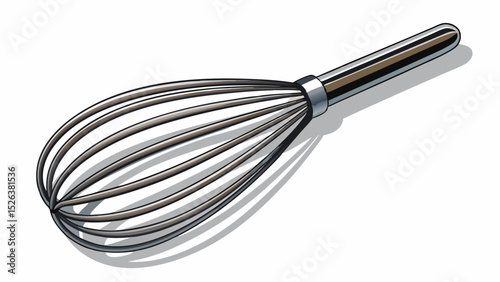 A stainless steel whisk with a polished handle rests elegantly on a white background. Its looped wires catch subtle shadows, perfect for baking or culinary-themed vector illustrations.

