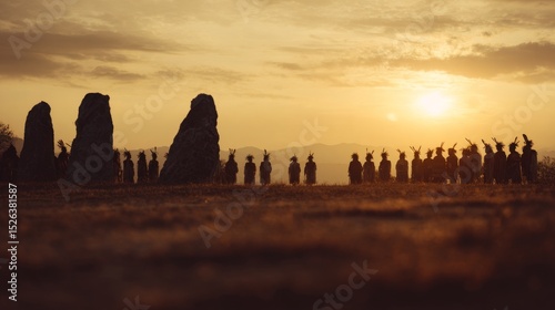 Indigenous community forms a circle around sacred stones during an ancestral land ceremony at sunset