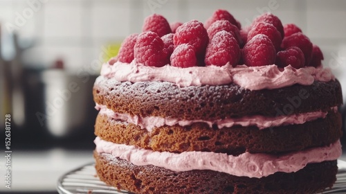 Raspberry cake, kitchen, frosting, dessert, home baking, food photography,  delicious, sweet, powdered sugar,  wire rack