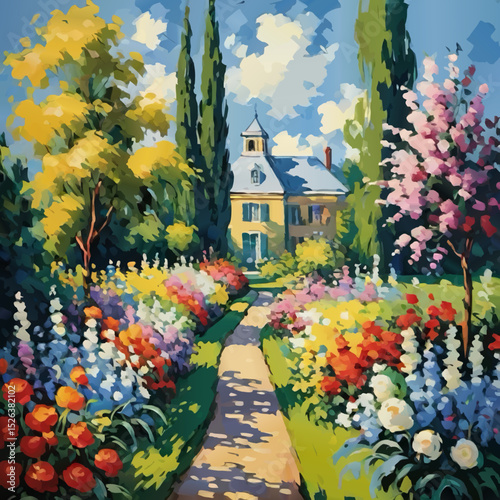 sunny summer garden with mansion vector painting
