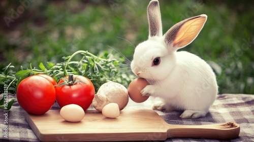 Cute bunny eating egg near veggies on wooden board, outdoors