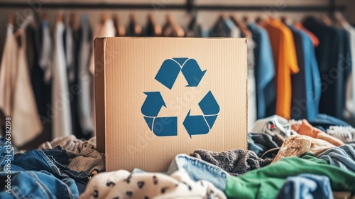 Clothing recycling bin, closet background, sustainable fashion