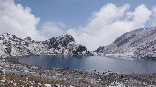 Blue Glacial Lake Timelapse high up in the Himalaya Mountains Bhairab Kunda Lake in Lauribina Pass Nepal photo