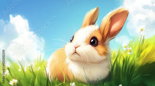 Cute bunny resting in sunny meadow, daisies, sky.  Childrens book illustration