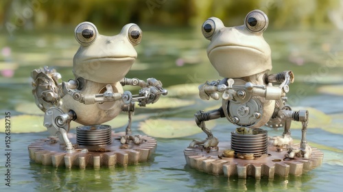 Two whimsical steampunk frogs on lily pads in a pond.