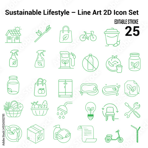 Sustainable Lifestyle - Green Line Art 2D Icon Set with Editable Stroke