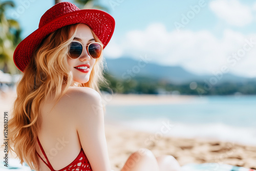 young blonde woman with pale skin wearing red hat, sunglasses and bikini at the beach