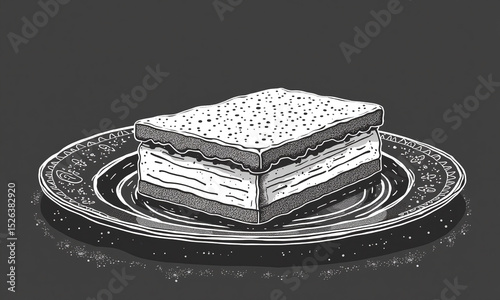 Retro sandwich drawing on a plate in vintage white chalk style.