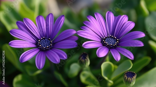 Purple Osteospermum flowers blooming, garden closeup, sunlit foliage background, nature photography