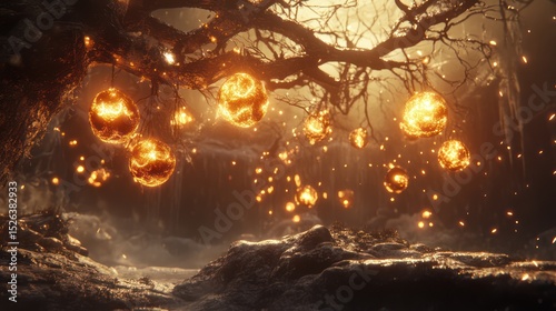 Glowing orbs hang from wintry forest tree, magical background