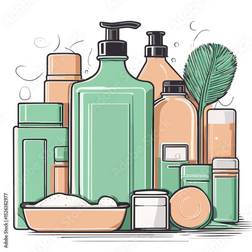 Collection of eco-friendly cosmetic bottles with natural elements  