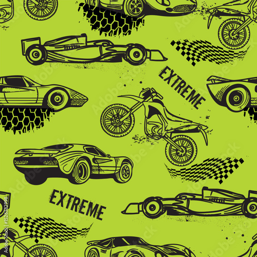 Abstract seamless pattern with sport cars and motobikes .Bright background with grunge elements for textiles, children's clothes, prints. Pattern for boys