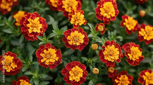 Red-yellow marigolds blooming garden closeup, vibrant, nature background, gardening