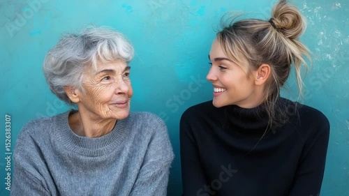 Heartwarming Moment Between Elderly Woman And Young Woman With Gray Hair Smiling Together In Front Of Colorful Wall
