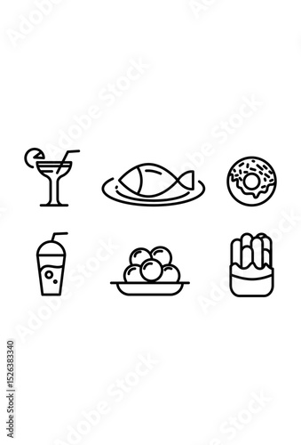 Simple culinary related symbols.
Collection of food and beverage vector illustrations.
