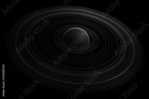 Minimalistic black space vector art depicting a stylized planet with sleek concentric rings, resembling Saturn or a black hole, set against a star-dotted cosmic background.