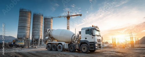 Concrete Mixer Truck at Construction Site with Silos and Crane Against Beautiful Sunset Sky