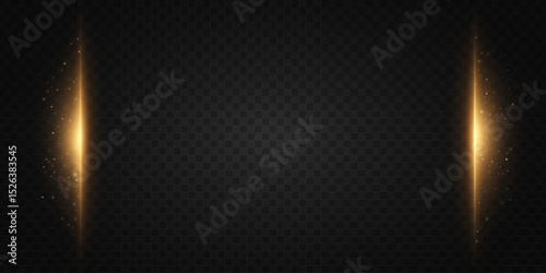 Glowing vertical golden light with sparkling particles on a transparent background. Elegant frame for luxury event designs, elegant borders or premium banners. Vector illustration.