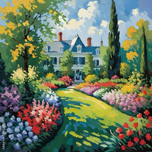 summer park landscape with villa vector illustration