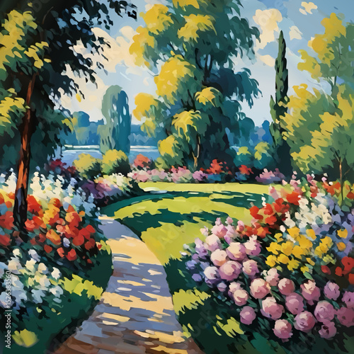 summer park landscape with trees and lake vecor illustration