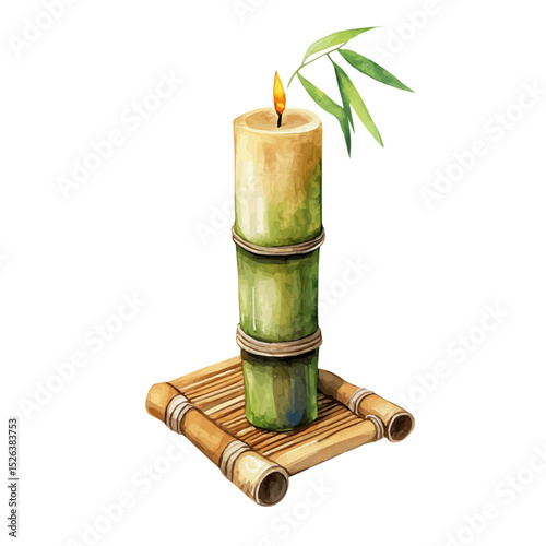 Bamboo Candle Holder In Zen Style, watercolor drawing vector, high quality, isolated on a white background.