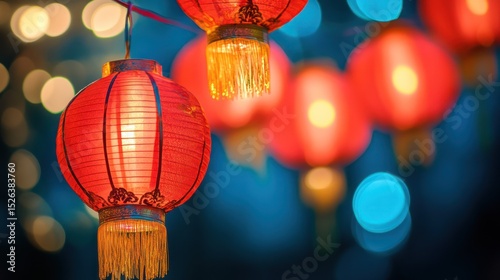 Glowing red lanterns illuminate night festival