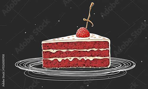Realistic strawberry cake with dark chocolate in chalk style.