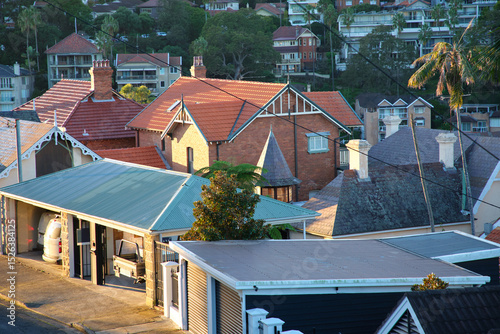 Residential area with multiple houses and buildings with various roof types.