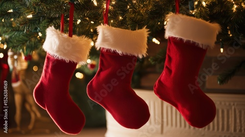 Christmas stockings hang on tree near fireplace