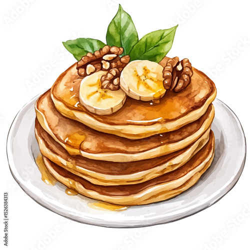 watercolor of Banana Pancakes With Walnuts, vector high quality, isolated on a white background.
