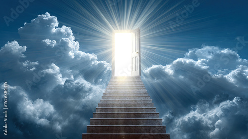 Bright light from heaven shining through an open door with stairs and rays and presence God