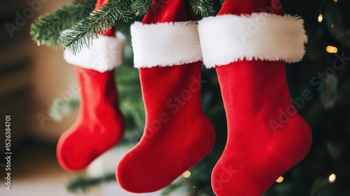 Red Christmas stockings hang on tree, warm home, festive lights