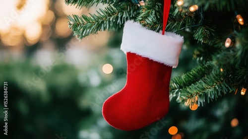 Red stocking hangs on Christmas tree, bokeh lights background, festive holiday decor