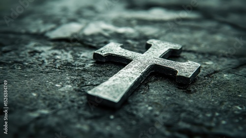 Metal cross rests on dark stone, somber background, faith concept