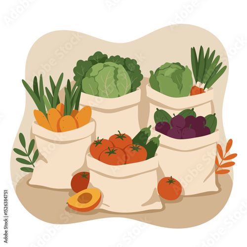 Fresh vegetables and fruits in fabric bags on a neutral background  