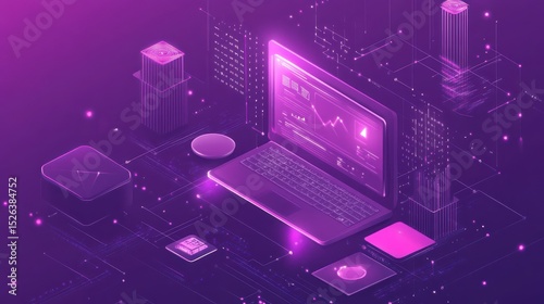 Laptop data analysis, digital circuit background, isometric view, tech infographic