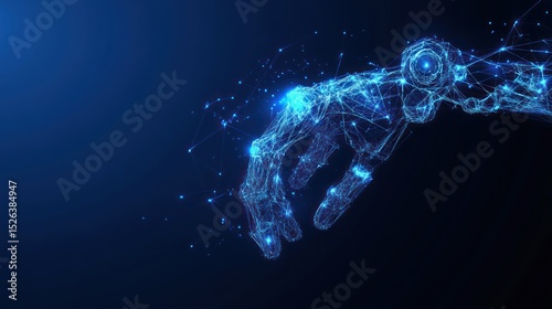 Reaching robotic hand, digital network, blue background, futuristic technology, website banner