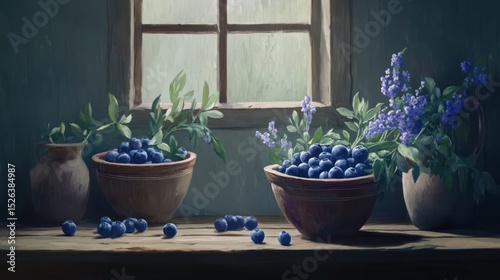 Rustic still life blueberries, wildflowers, window rain, wooden table, harvest
