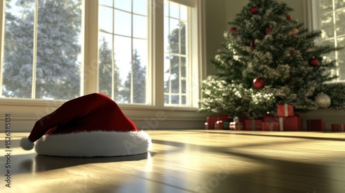 Santa hat on floor, sunlit room, Christmas tree, snowy scene