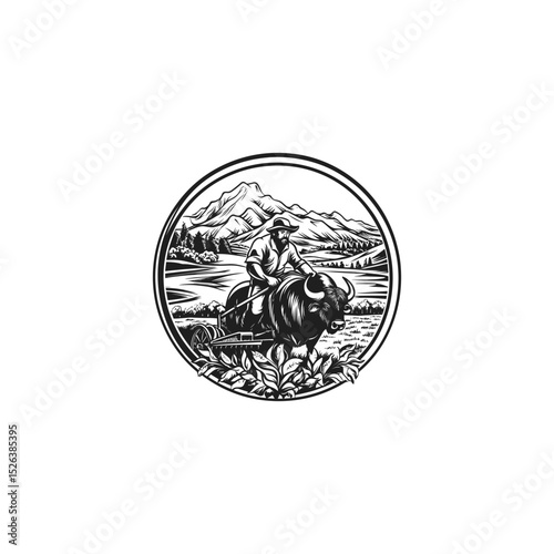 man plowing the land with a buffalo design vector template illustration