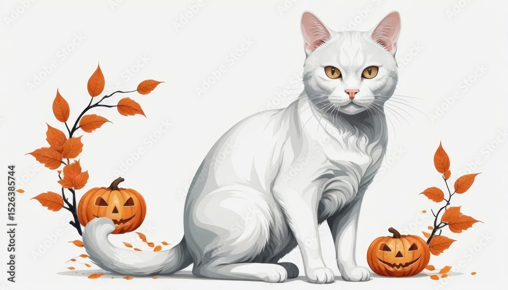 Fototapeta premium Adorable White Cat Posing with Autumn Leaves and Halloween Pumpkins
