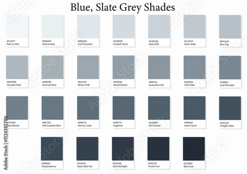 26 Blue Slate Grey Shades - 3d Light Faded Blue Gray to Deep Dark Black Blue Tones - with HEX Codes and Names, Colour Swatches, Scheme and Combinations