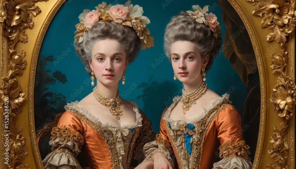 Fototapeta premium Elegant Twin Women in 18th Century Rococo Style Dresses Gold Frame Portrait