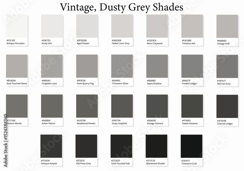 26 Vintage Dusty Grey Shades - 3d Light Faded Gray to Deep Dark Black Tones - with HEX Codes and Names, Colour Swatches, Scheme and Combinations